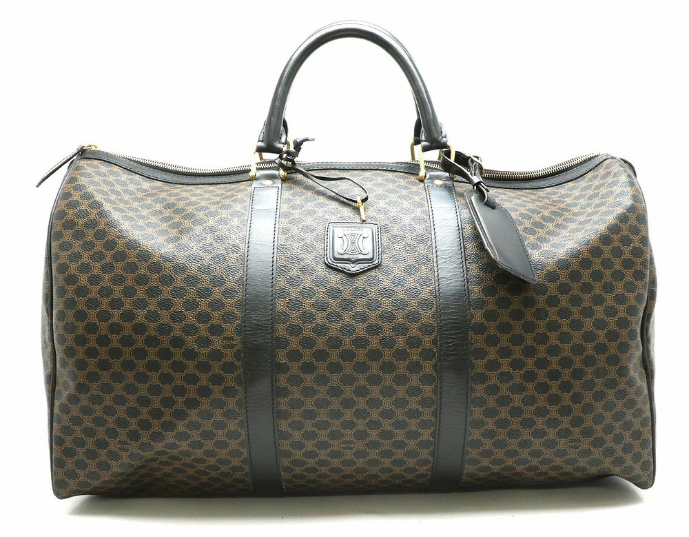 Celine Macadam Boston Bag Handbag Travel Leather Black Dark Brown